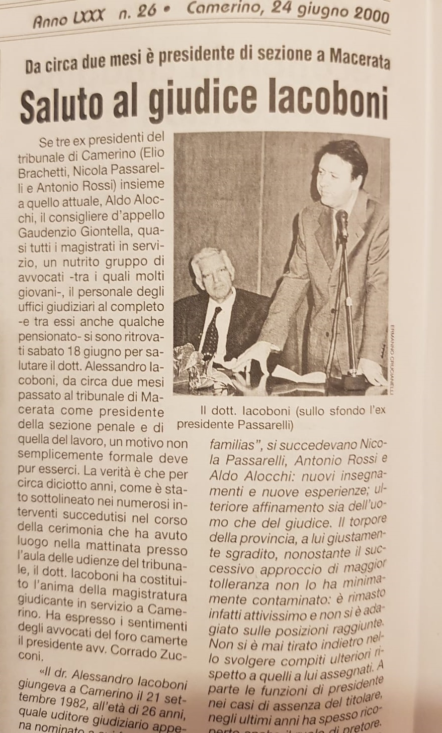 Archivio Appennino Camerte articolo apparso sul settimanale il 24 giugno 2000 a due mesi dal suo insediamento al Tribunale di Macerata
